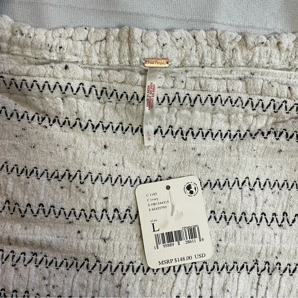 NWT New $148 Free People Maggie Embroidered Shirred Ivory Blouse Top Size L